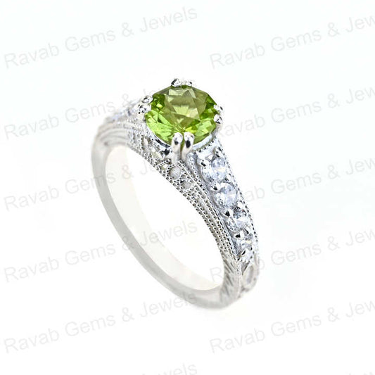 Best Selling 925 Sterling Silver Fine Wedding Ring for Women Natural Peridot Brilliant Cut 7.5mm Double Prong Jewelry