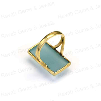 Best Selling 10x20mm Blue Chalcedony Stone 925 Silver Gold Vermeil Eternity Handmade Rectangle Bezel Women's Ring Fine Jewelry