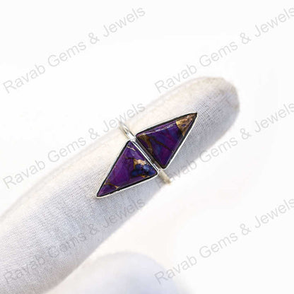 Best Quality Solid 925 Sterling Silver Purple Copper Turquoise Tringle Shape Bezel Setting Ring for Women Fine Handmade Jewelry