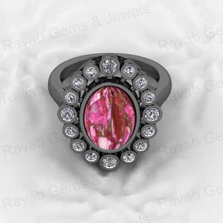 Top Selling 925 Silver 9x12mm Pink Kingman Dahlia Spiny Oyster Oval Shape Gemstone With CZ Solitaire Cocktail Ring for Women