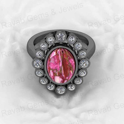 Top Selling 925 Silver 9x12mm Pink Kingman Dahlia Spiny Oyster Oval Shape Gemstone With CZ Solitaire Cocktail Ring for Women