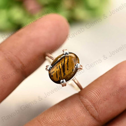 Best Selling Solid 925 Sterling Silver Natural Tiger Eye Oval Cabochon Setting Ring for Women Fine Handmade Christmas Jewelry