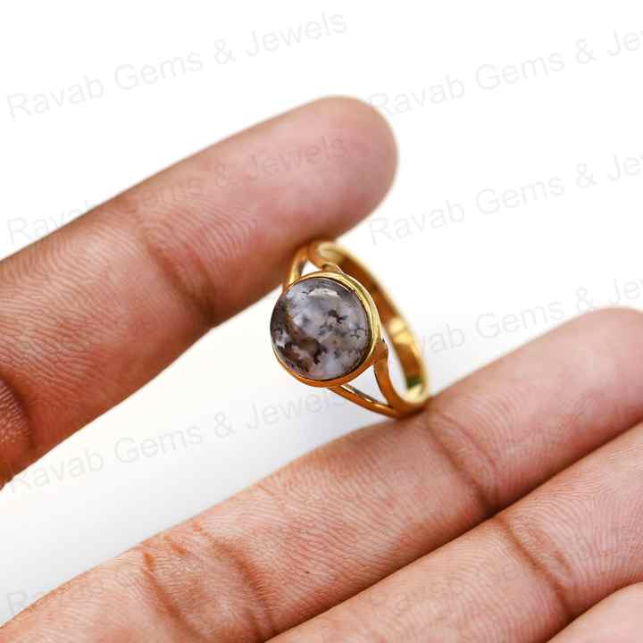 Beautiful 12mm Natural Dendrite Opal Gemstone 925 Silver Vermeil Split Eternity Round Bezel Statement Ring Women Fine Jewelry