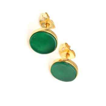 Impressive 18K Gold Plated Onyx Gemstone Stud Earrings 925 Sterling Silver Jewelry With Natural Green Round Shape Fine Design