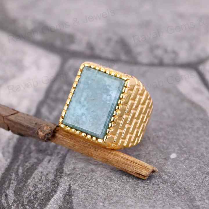 Handmade Solid 925 Silver 12x16mm Natural Amazonite Pattern Bricks Rectangle Signet Ring for Men Latest Design Fine Jewelry