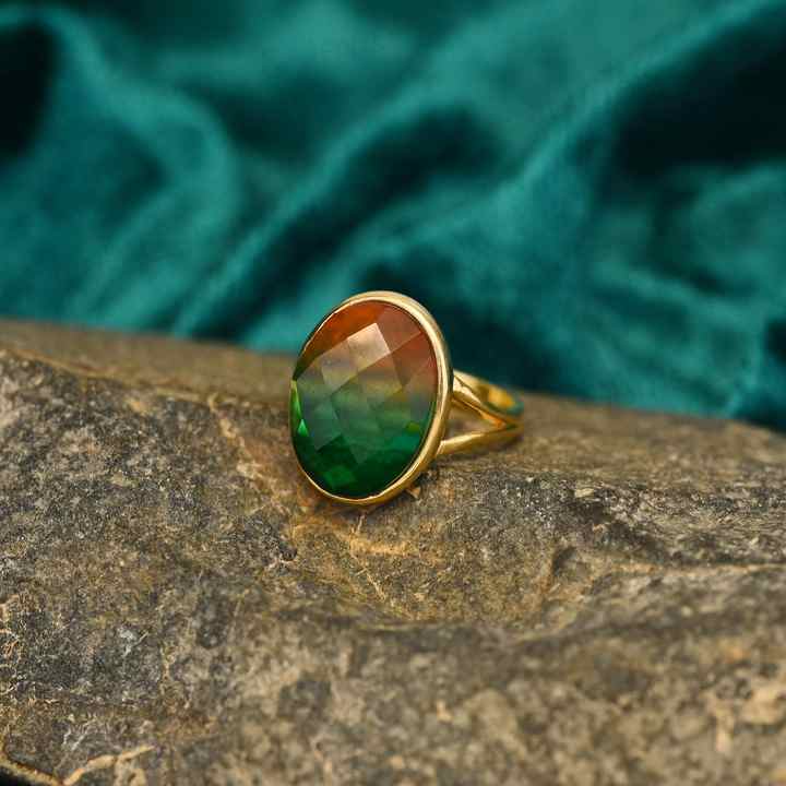 New Arrival Bio Color Tourmaline 925 Sterling Silver & 18K Gold Plated Ring 10x14mm Oval Shape Bezel Setting for Women