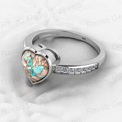Top Selling Genuine 925 Silver 8x8mm Heart Pink & Blue Copper Turquoise Gemstone Ring for Women Valentine Gift Idea Jewelry