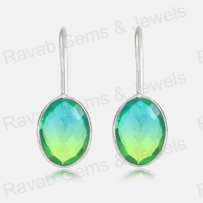 Top Quality Solid 925 Sterling Silver Watermelon Tourmaline Quartz Oval Checker Cut Dangle Drop Earring for Women Fine Jewelry
