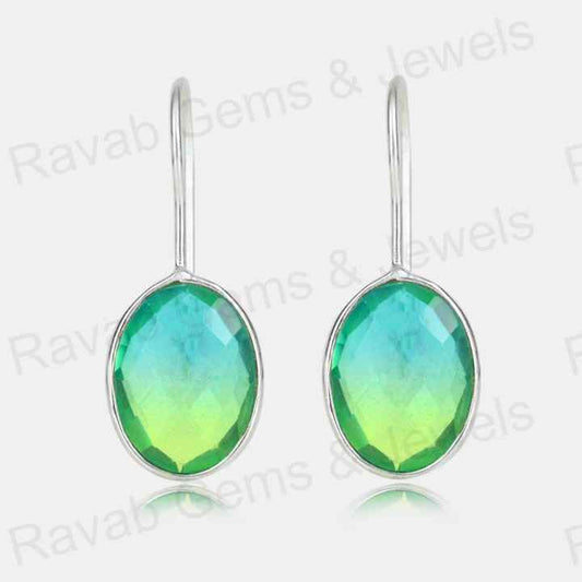 Top Quality Solid 925 Sterling Silver Watermelon Tourmaline Quartz Oval Checker Cut Dangle Drop Earring for Women Fine Jewelry