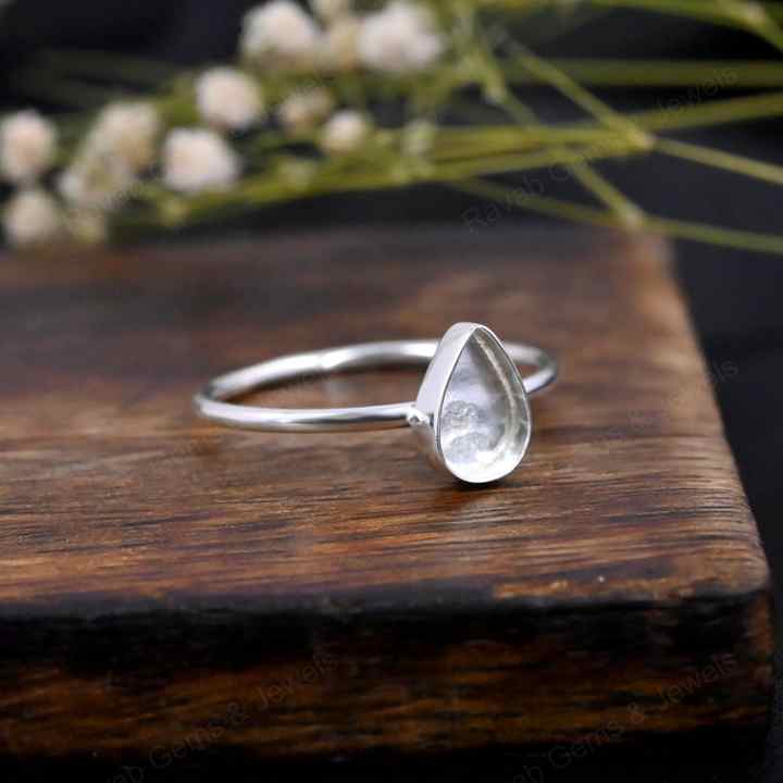 Genuine 925 Sterling Silver 7x9mm Pear Bezel Setting Simple Band Minimalist Ring Good For Resin & Ashes Work Keepsake Jewelry