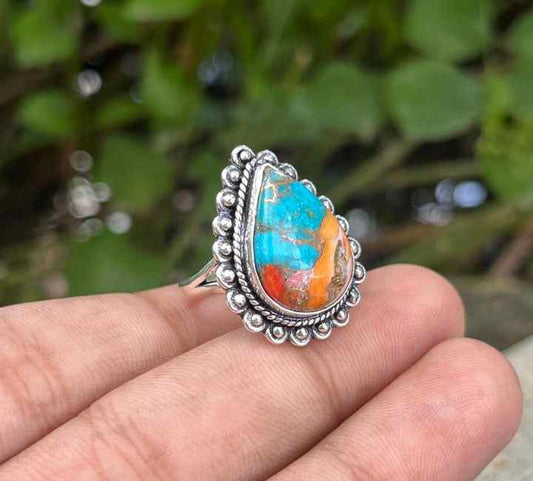 Best Quality Solid 925 Sterling Silver Kingman Pink Dahlia Turquoise Ring Pear 10x14mm Bezel Setting Handmade Ring for Women
