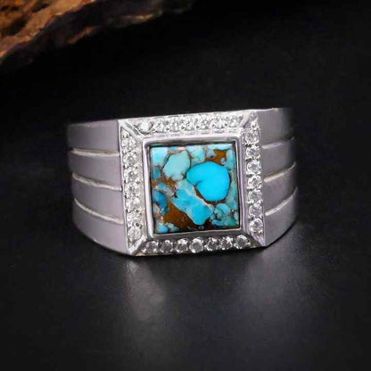 Top Quality Solid 925 Sterling Silver Natural Blue Copper Turquoise Square 10mm Bezel Setting Trending Men's Ring Fine Jewelry