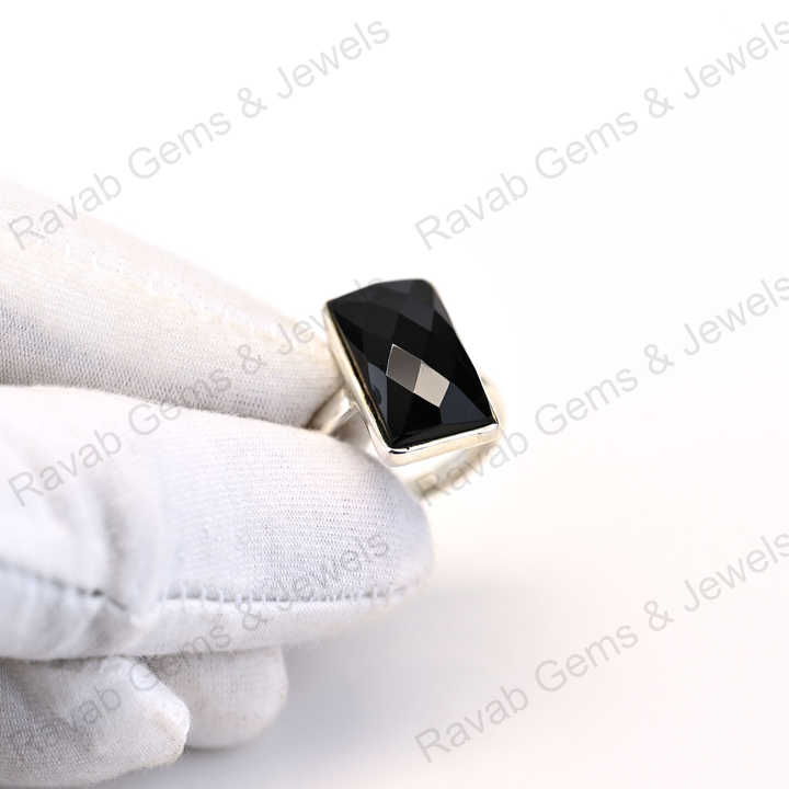 Best Quality Solid 925 Sterling Silver Women's Fine Handmade Bezel Setting Ring Black Onyx Checker Cut Rectangle Shape Elegant