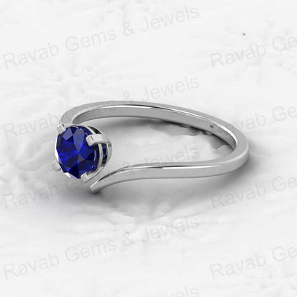 Top Quality 925 Sterling Silver 5mm Round Cut Blue Sapphire Hydro Vermeil Eternity Prong Setting Solitaire Bypass Ring for Women