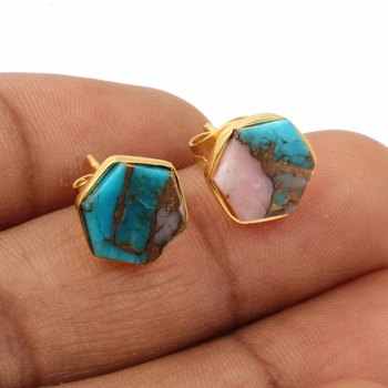 Genuine Solid 925 Sterling Silver 10mm Pink Opal Copper Turquoise Hexagon Shape 18k Gold Filled Stud Handmade Earring for Women