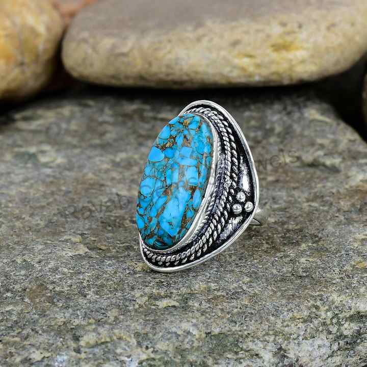 Premium Quality Solid 925 Sterling Silver Natural Blue Copper Turquoise Vintage Navajo Oxidized Fine Handmade Ring for Women