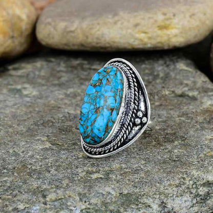 Premium Quality Solid 925 Sterling Silver Natural Blue Copper Turquoise Vintage Navajo Oxidized Fine Handmade Ring for Women