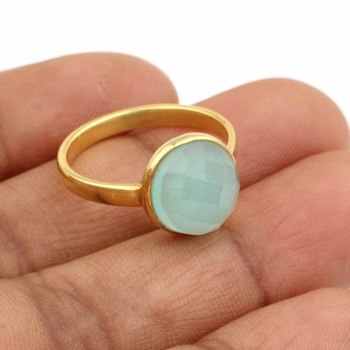 Genuine 18K Gold Plated Fine Jewelry Dainty Minimalist Aqua Chalcedony Bezel Setting Ring for Women Beautiful for Parties