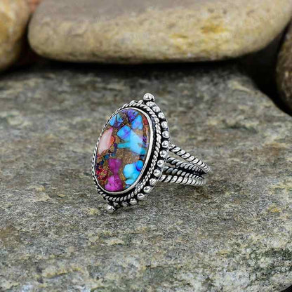 Best Quality Solid 925 Sterling Silver Mix Oyster Turquoise 10x14mm Bezel Setting Handmade Ring for Women Fine Vintage Jewelry