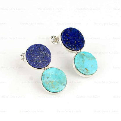 Top Selling 10mm Turquoise & Lapis Lazuli Coin Gemstone Stud Earrings Genuine 925 Sterling Silver Unisex Fine Jewelry for Women