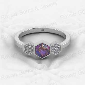 Top Selling 925 Sterling Silver Fine Ring Purple Copper Turquoise Gemstone Bezel Setting With CZ Hexagon Geometric Jewelry