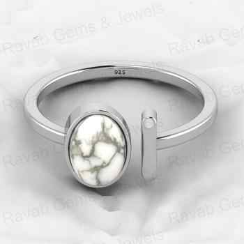 Top Selling Natural White Howlite Stone Genuine 925 Silver 6x8mm Oval Shape Adjustable Women Ring for Minimalist Fine Jewelry