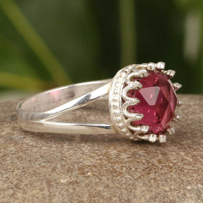 Attractive Designer Red Tourmaline Quartz Rose Cut Crown Setting Solid 925 Sterling Silver Women Birthday Party Wear Ring