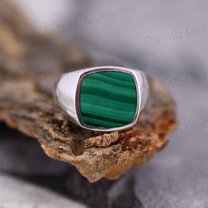 Handmade 925 Silver 14mm Flat Cushion Stone Natural Malachite Turkish Signet Ottoman Bezel Statement Ring Fine Jewelry For Men's