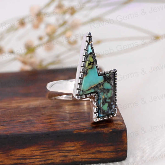 Top Selling Vintage 23x13mm Natural Mohave Turquoise High Polished 925 Silver Bezel Flash Bolt Women Ring Navajo Fine Jewelry