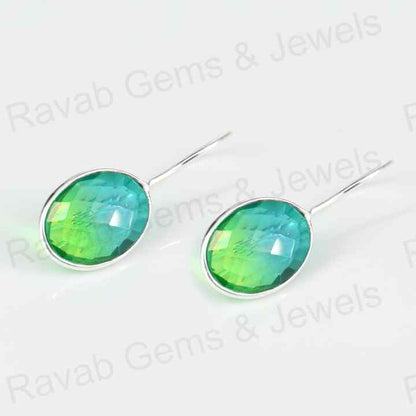 Top Quality Solid 925 Sterling Silver Watermelon Tourmaline Quartz Oval Checker Cut Dangle Drop Earring for Women Fine Jewelry