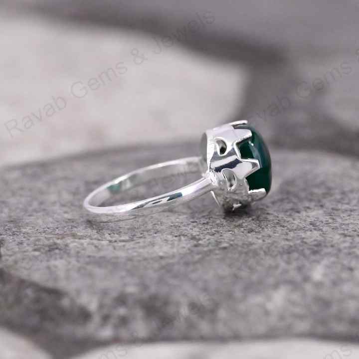 Natural Green Onyx Gemstone 10mm Round Shape Smooth Pre-Noted Setting Solid 925 Sterling Silver Handmade Simple Band Ring