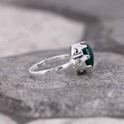 Natural Green Onyx Gemstone 10mm Round Shape Smooth Pre-Noted Setting Solid 925 Sterling Silver Handmade Simple Band Ring