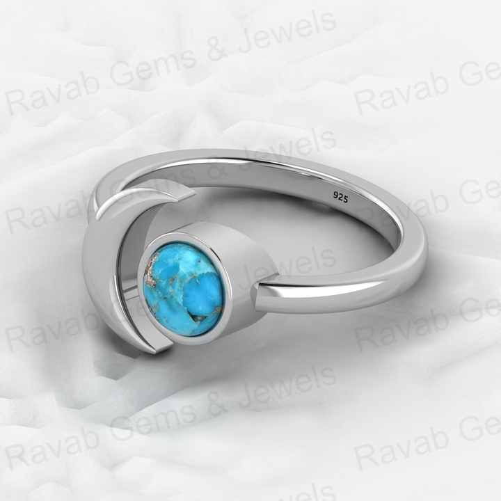 Best Selling 18K Gold Plated Genuine 925 Silver Blue Copper Turquoise Round Gemstone Adjustable Moon Ring for Women Fine Jewelry