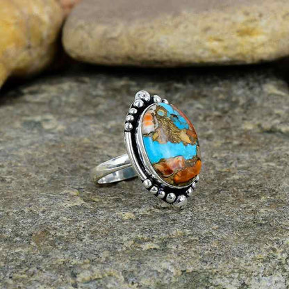 High Quality Handmade 925 Sterling Silver Ring for Women Vintage Fine Jewelry with Spiny Oyster Turquoise 10x14mm Bezel Setting