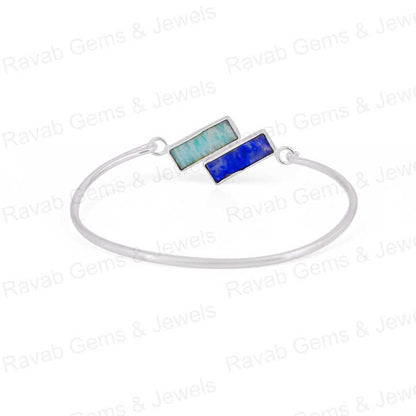 Handmade 925 Silver Minimalist Statement Adjustable Women Bangle Amazonite Lapis Lazuli Rectangle Bezel Setting Fine Jewelry
