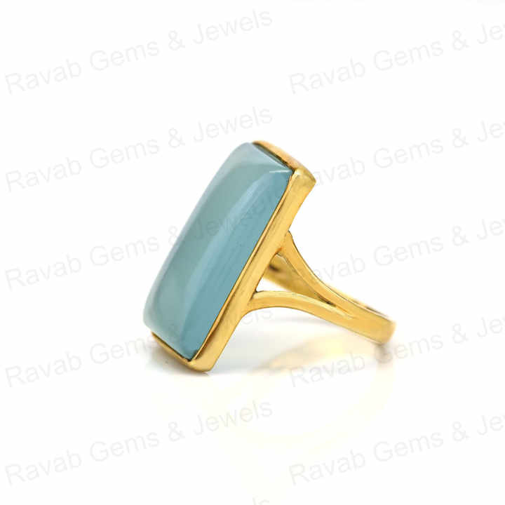 Best Selling 10x20mm Blue Chalcedony Stone 925 Silver Gold Vermeil Eternity Handmade Rectangle Bezel Women's Ring Fine Jewelry