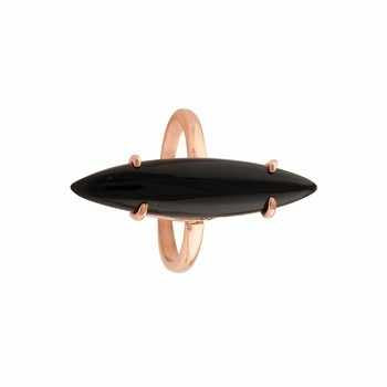 Minimalist Women's 6x25mm Natural Black Onyx Ring Dainty Marquise Prong Design 925 Genuine Silver Rose Gold Plating for Parties