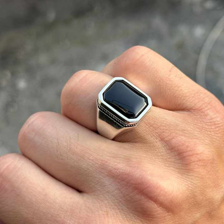 Classic Natural Black Onyx Cabochon Octa Cushion 12x16mm Bezel Setting Solid 925 Sterling Silver Mens Fine Signet Ottoman Ring