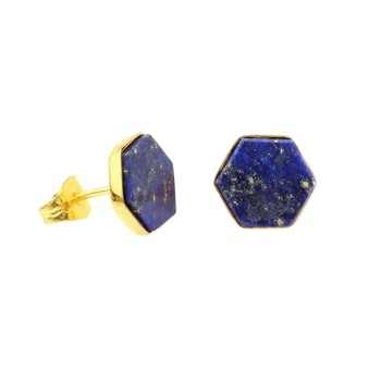 Top Selling 10mm Smooth Hexagon Ring Women's Handmade 925 Sterling Silver 18K Gold Plated Lapis Lazuli Fine Stud Earrings