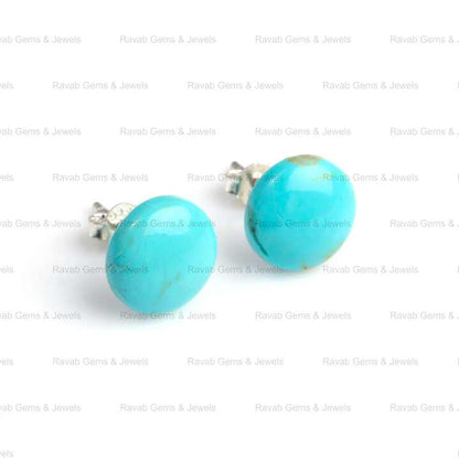 Beautiful 12mm Natural Blue Arizona Turquoise Round Cabochon Sterling Silver Daily Wear Minimalist Hook Stud Earrings for Her