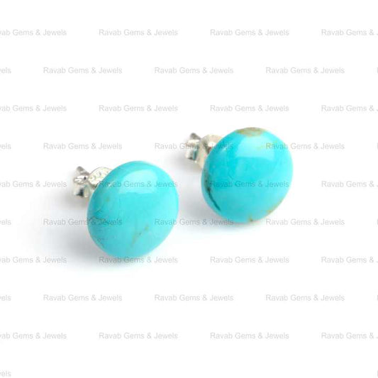 Beautiful 12mm Natural Blue Arizona Turquoise Round Cabochon Sterling Silver Daily Wear Minimalist Hook Stud Earrings for Her