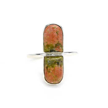 Handmade 925 Sterling Silver Fine Ring for Women Christmas Sale Natural Unakite Gemstone Bezel Setting 8x10mm Black Rhodium