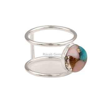Solid 925 Sterling Silver Double Band Ring Handmade 10mm Bezel Setting Natural Mohave Pink Opal Copper Weddings Parties