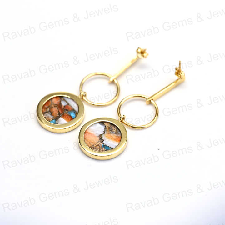 Top Quality Solid 925 Sterling Silver 10mm Natural Spiny Oyster Round Flat Smooth 18k Gold Plated Dangle Drop Earring for Women
