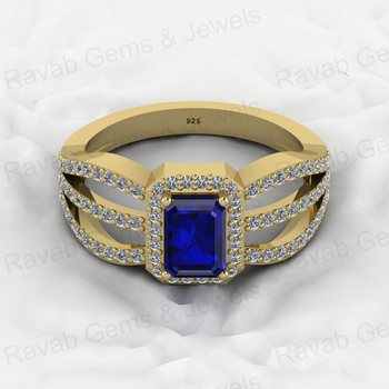 Best Selling 18K Gold Plated 7x5mm 925 Silver Sapphire Hydro Rectangle Diamond Halo CZ Ring for Women for Weddings Fine Jewelry