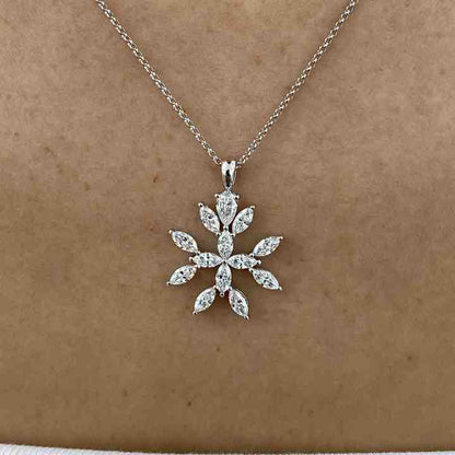 Genuine 925 Sterling Silver Lab-Diamond Marquise Cut Snowflake Design Chain Necklace For Women's Mother's Day Pendant Jewelry
