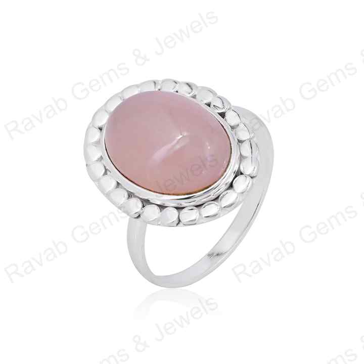 Natural Rose Quartz 10x14mm Oval Cabochon Gemstone Solid 925 Sterling Silver Beaded Bezel Setting Ring Handmade Fine Jewelry