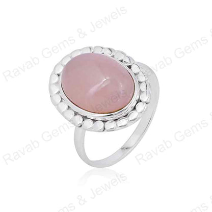 Natural Rose Quartz 10x14mm Oval Cabochon Gemstone Solid 925 Sterling Silver Beaded Bezel Setting Ring Handmade Fine Jewelry