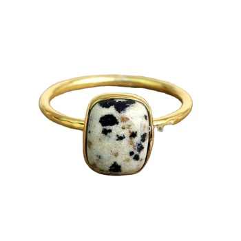 925 Sterling Silver Thin Band Ring Beautiful Natural Dalmatian Jasper Gemstone Cushion Shape for Women Gold Plated Fine Jewelry