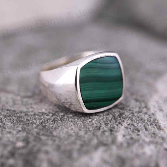 Handmade 925 Silver 14mm Flat Cushion Stone Natural Malachite Turkish Signet Ottoman Bezel Statement Ring Fine Jewelry For Men's